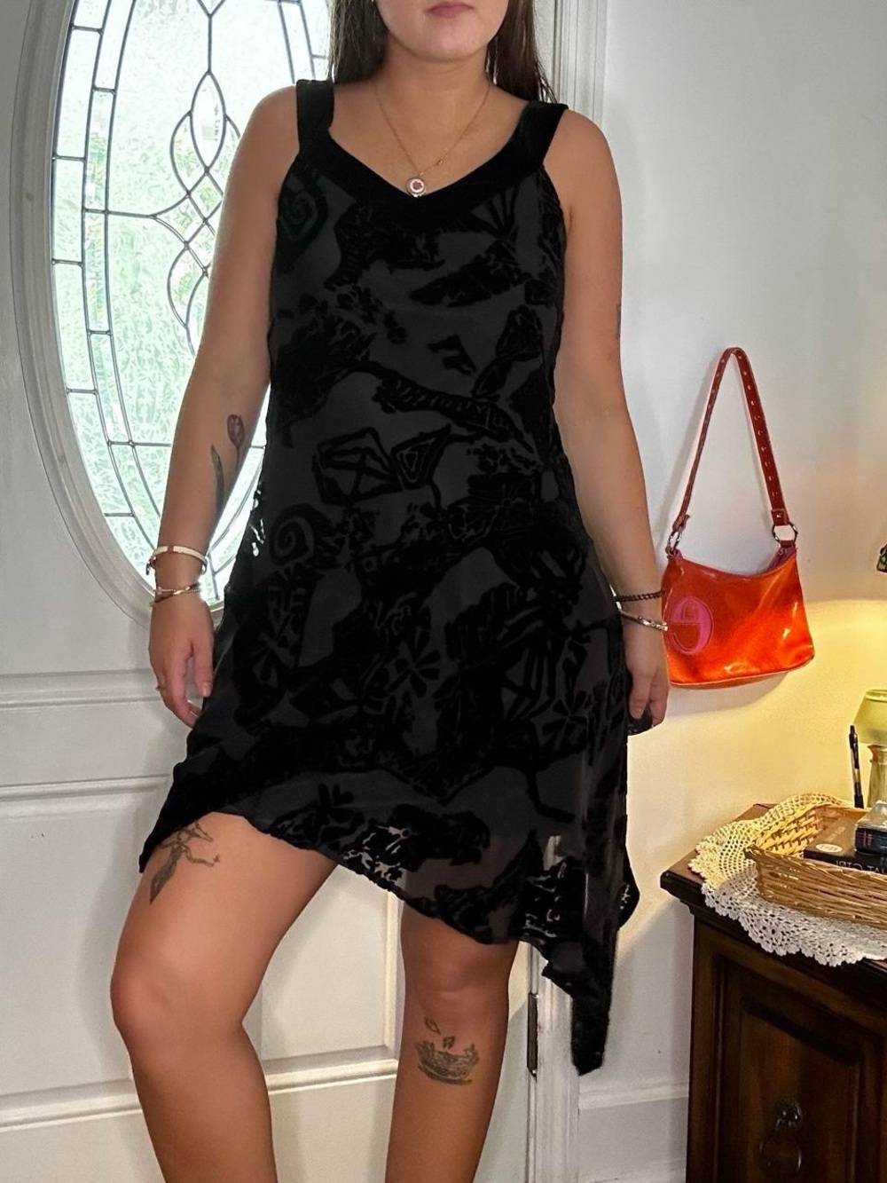 Black Floral Velvet Burnout V-Neck Slip Silk Dress - Women